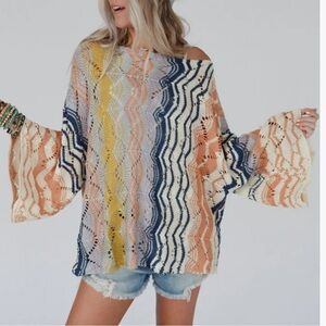 Three Bird Nest Multicolor Open-Knit Wave Sweater